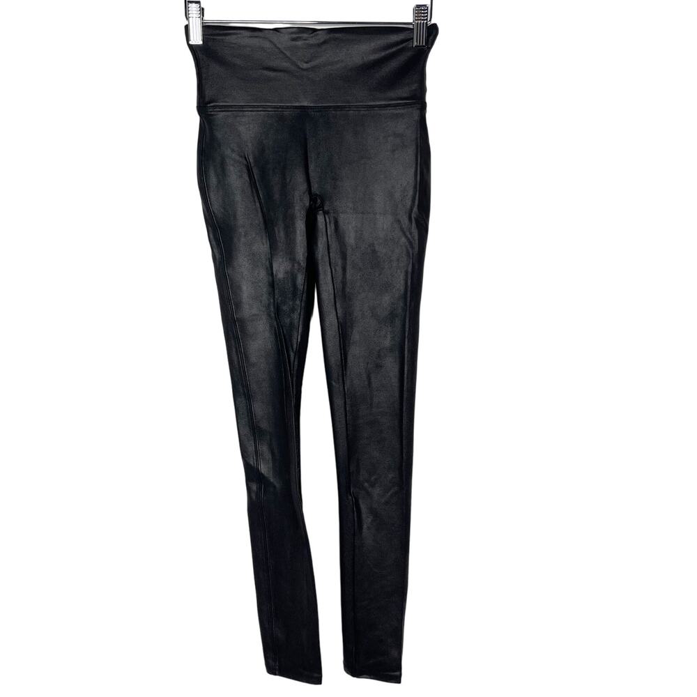 Spanx Womens Small S Black Faux Leather Leggings Nylon Dress Up Metallic